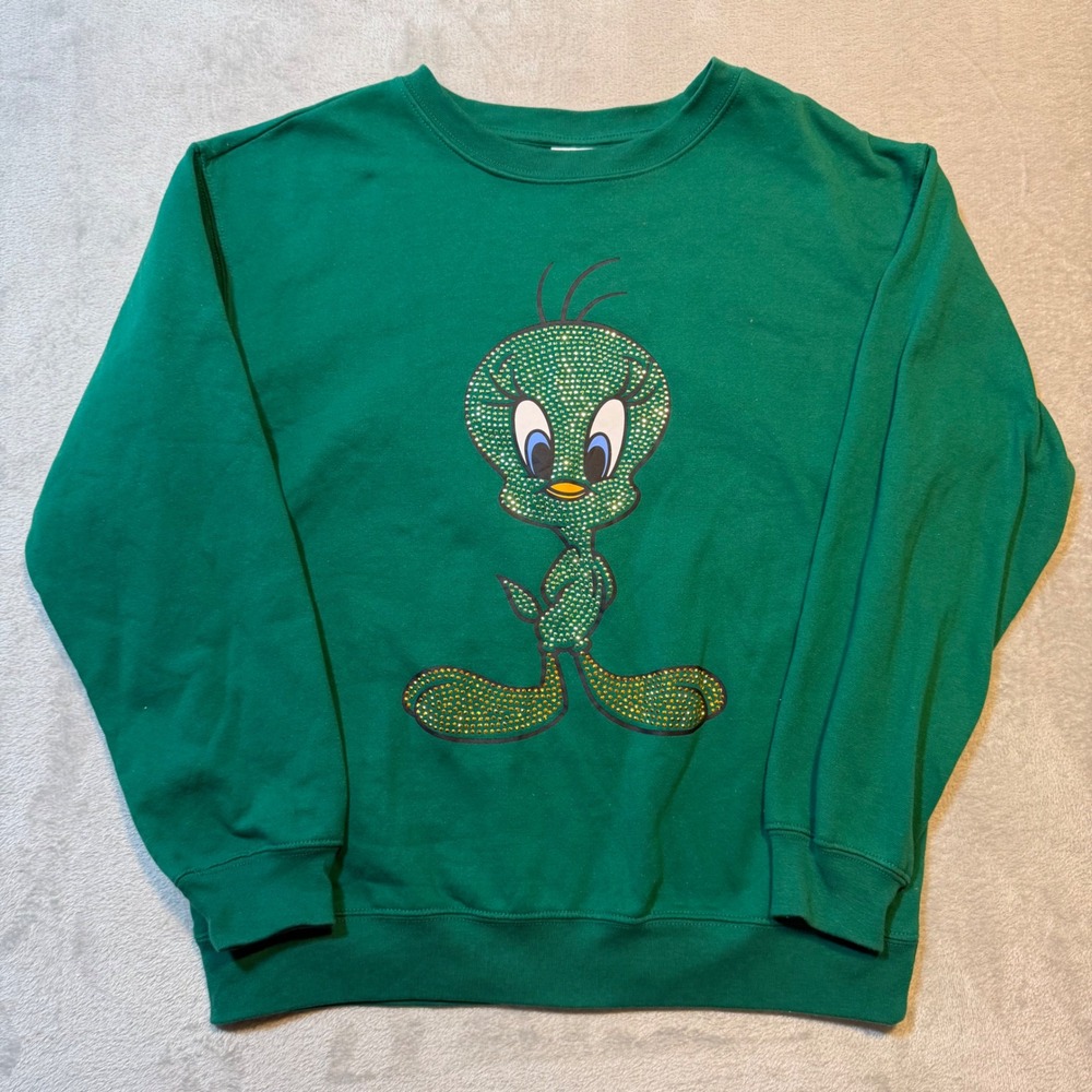 Looney Tunes Tweety Bird Rhinestone Graphic Green Sweatshirt Pullover Y2K Medium